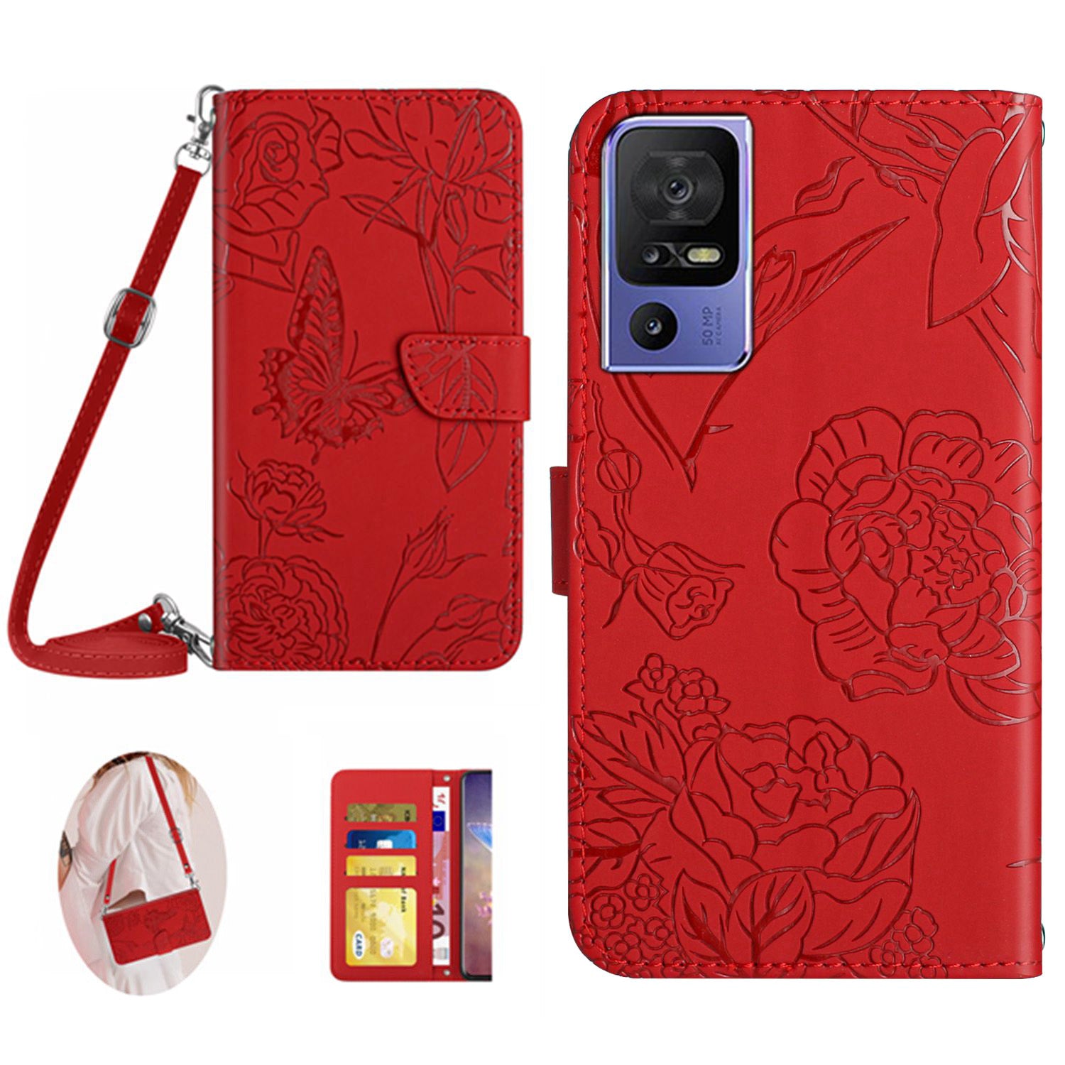 HT03 PU Leather Case for TCL 40 SE Butterfly Flowers Imprinted Stand Wallet Phone Cover with Shoulder Strap HT03 PU Leather Case for TCL 40 SE Butterfly Flowers Imprinted Stand Wallet Phone Cover with Shoulder Strap
